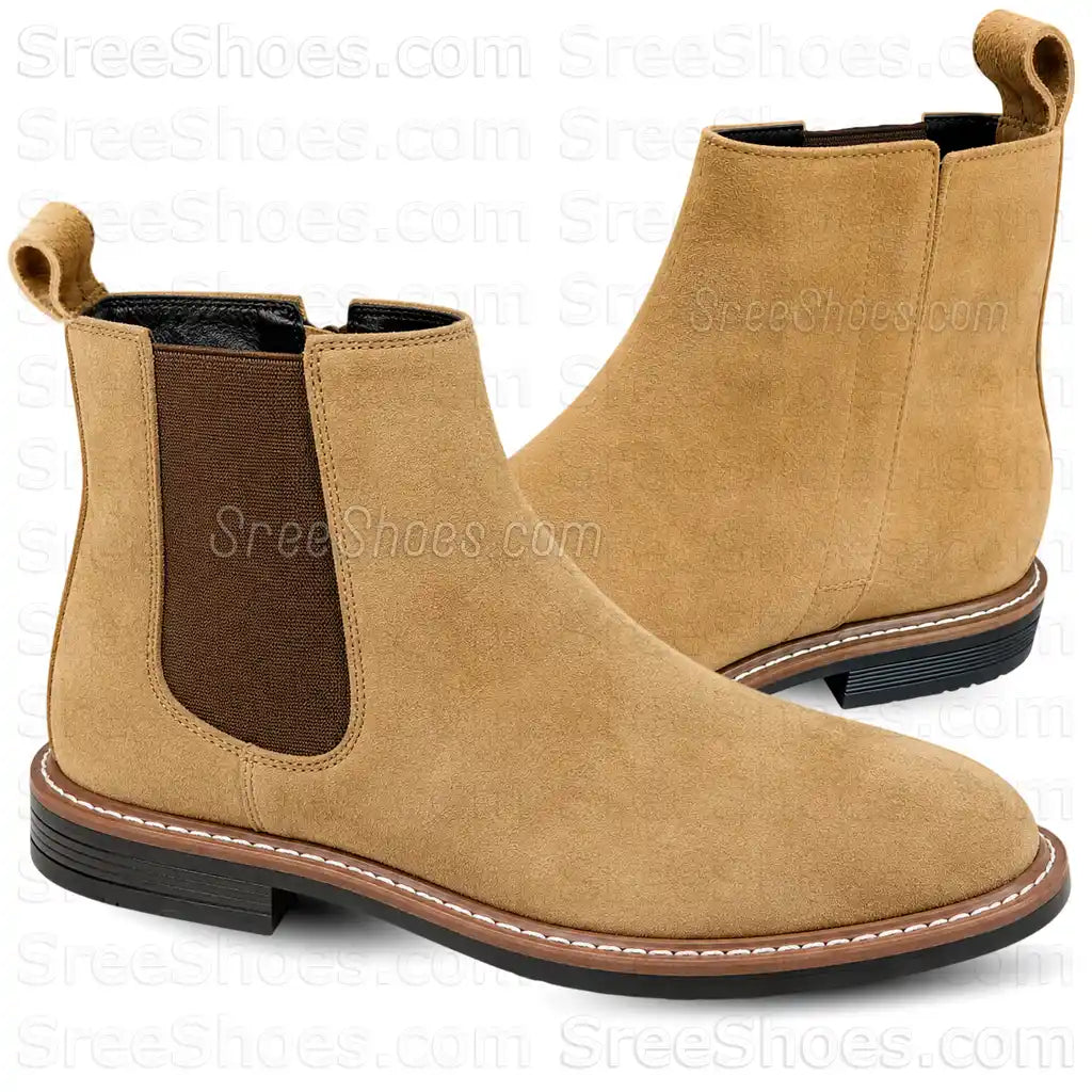 Men's Real Suede Leather Chelsea Boots with Side Zip & Elastic Panels