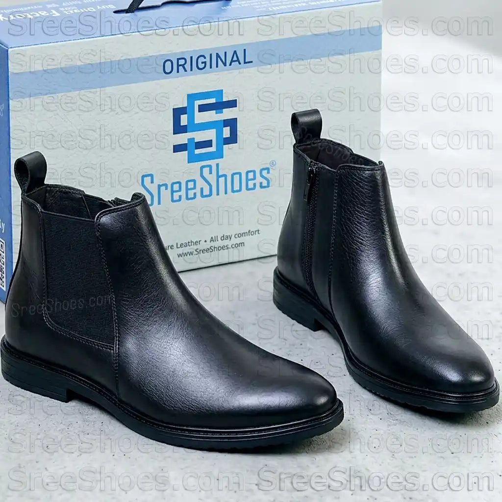 Men Pure Full-Grain Leather Zip Chelsea Boots with Elastic