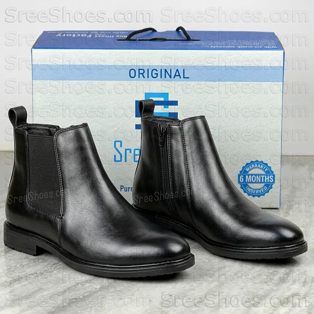 Men Pure Full-Grain Leather Zip Chelsea Boots with Elastic