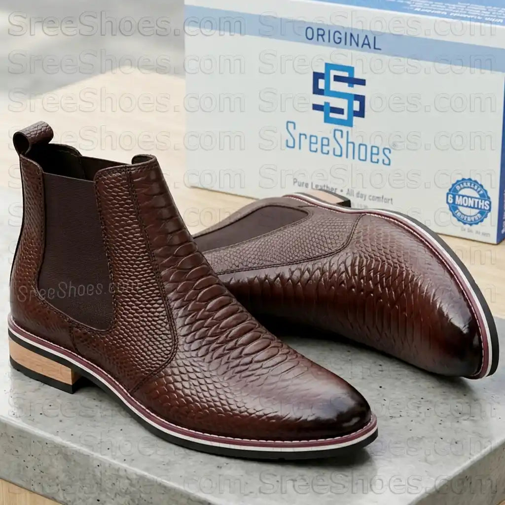 Croc-Textured Pure Leather Chelsea Boots for Men (Full-Grain)
