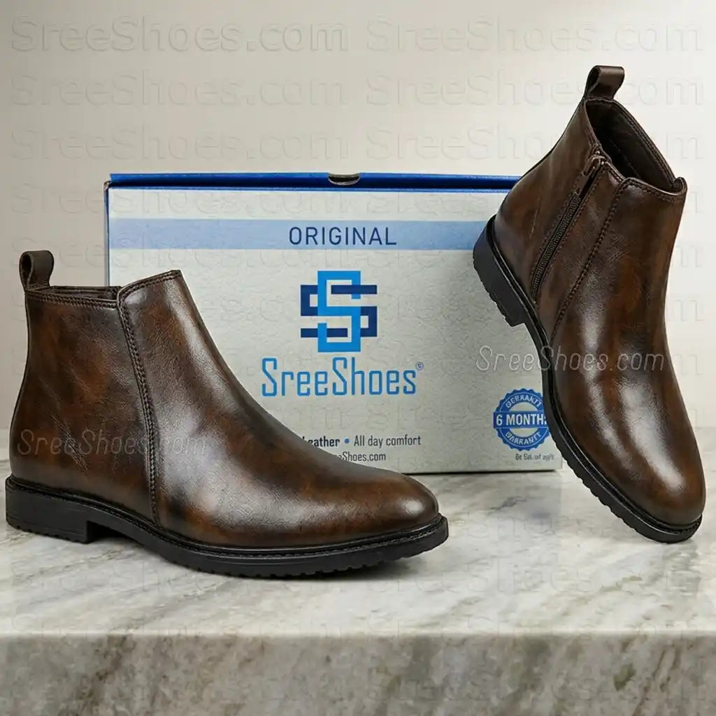 Men Pure Full-Grain Leather Chelsea Boots with Zip