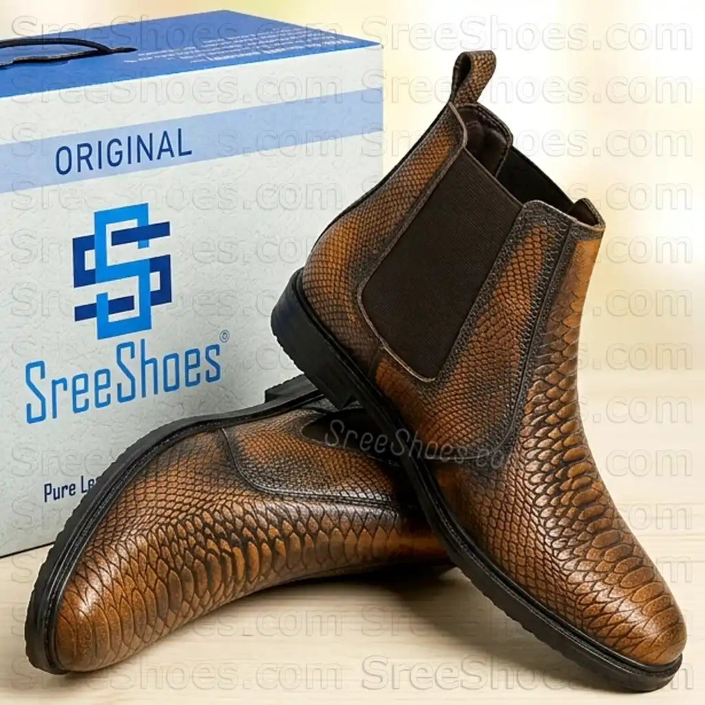 Croc-Textured Pure Leather Chelsea Boots for Men (Full-Grain)