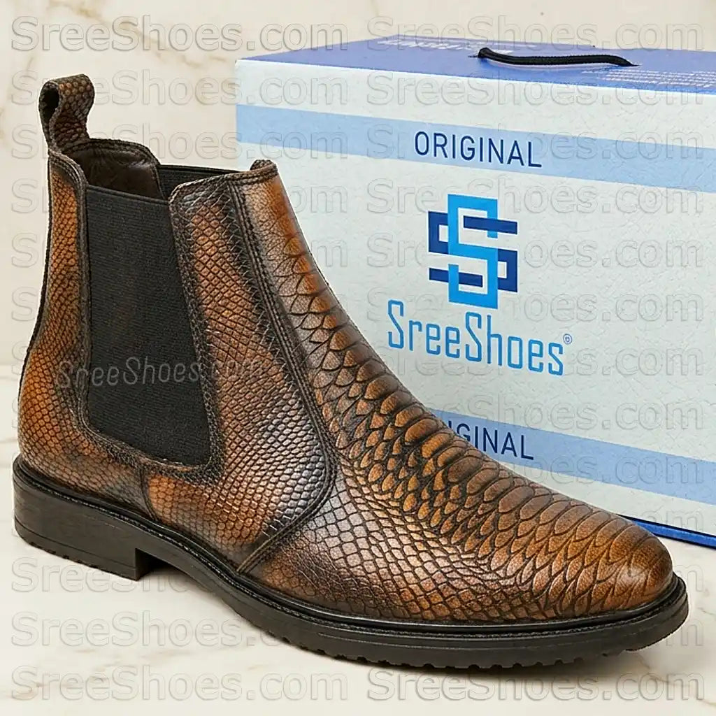 Croc-Textured Pure Leather Chelsea Boots for Men (Full-Grain)