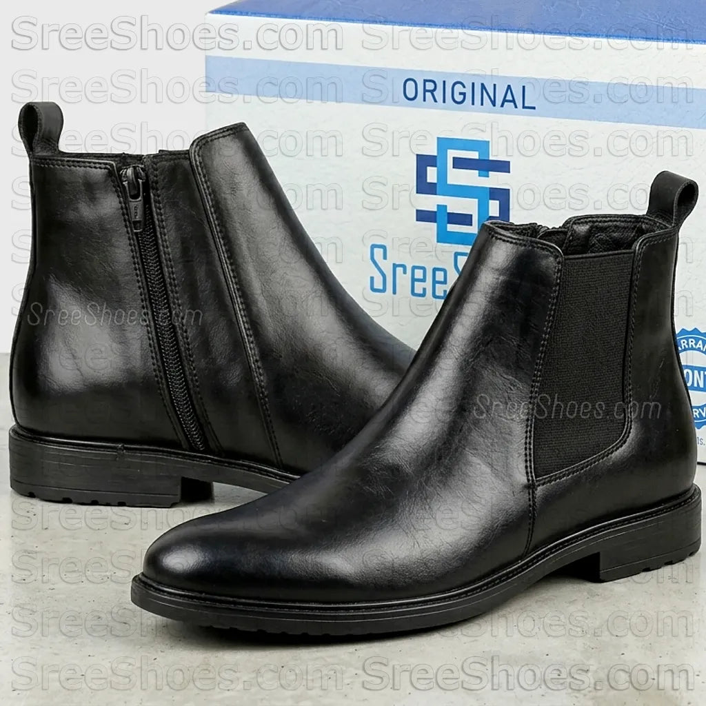 Men Pure Full-Grain Leather Chelsea Boots with Zip & Elastic