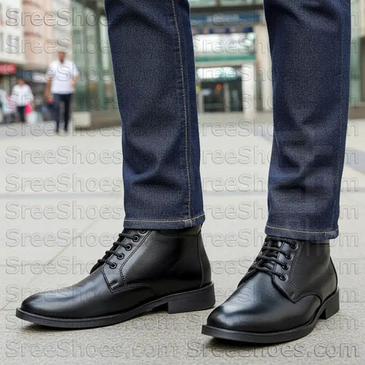 Men Pure Leather Ankle Shoes, Black Boots