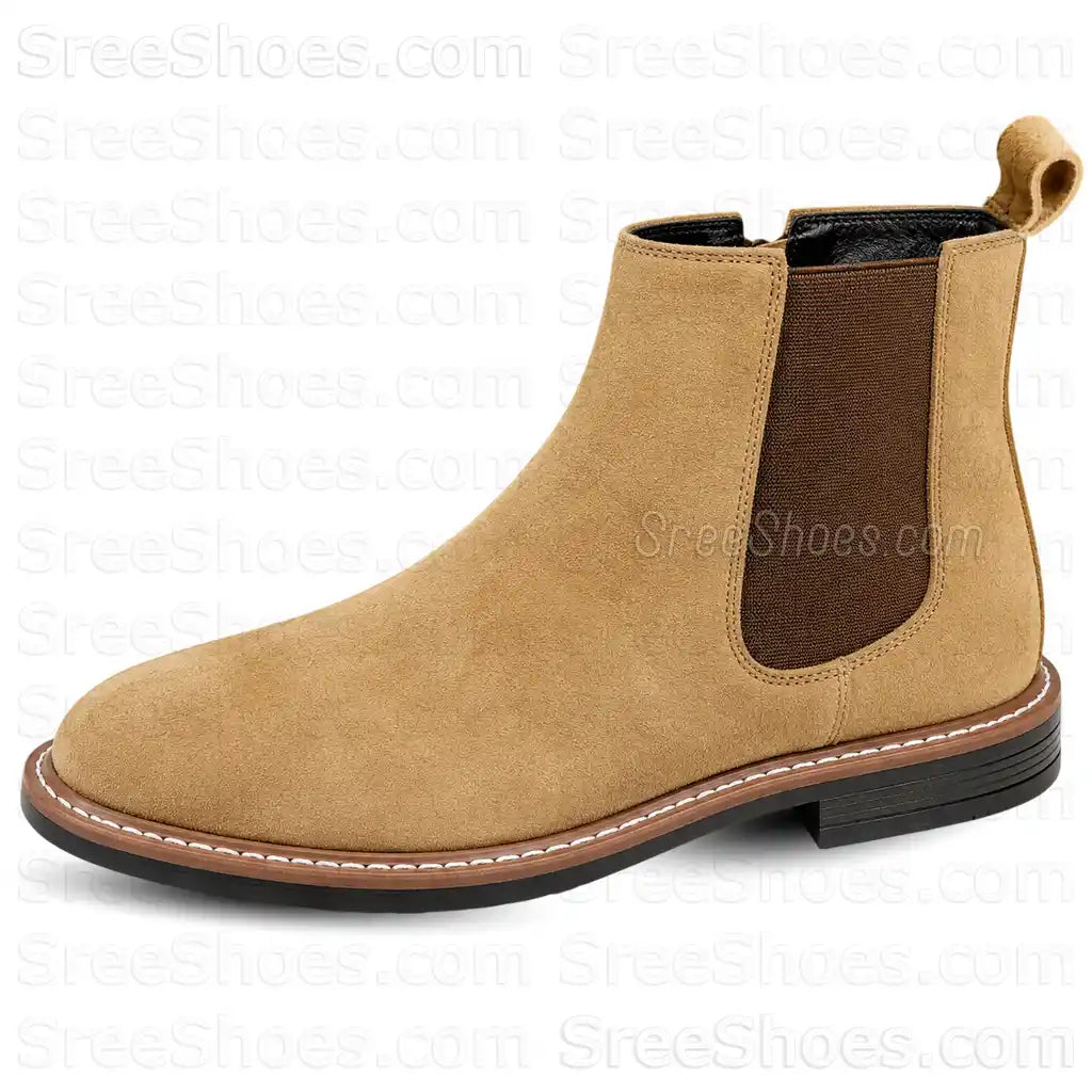 Men's Real Suede Leather Chelsea Boots with Side Zip & Elastic Panels