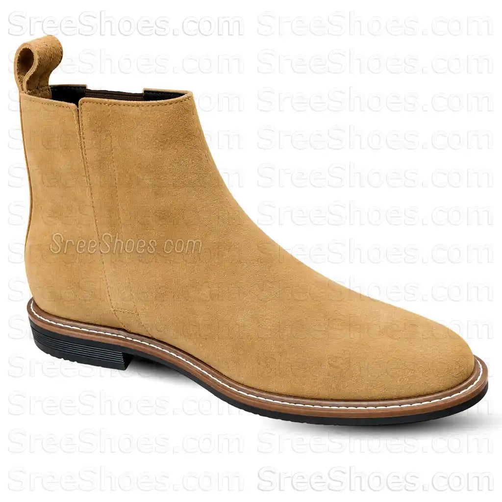 Men's Real Suede Leather Chelsea Boots with Side Zip & Elastic Panels