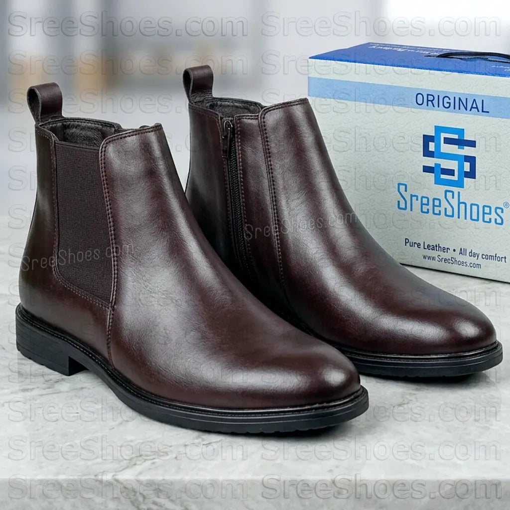 Men Pure Full-Grain Leather Chelsea Boots with Zip & Elastic