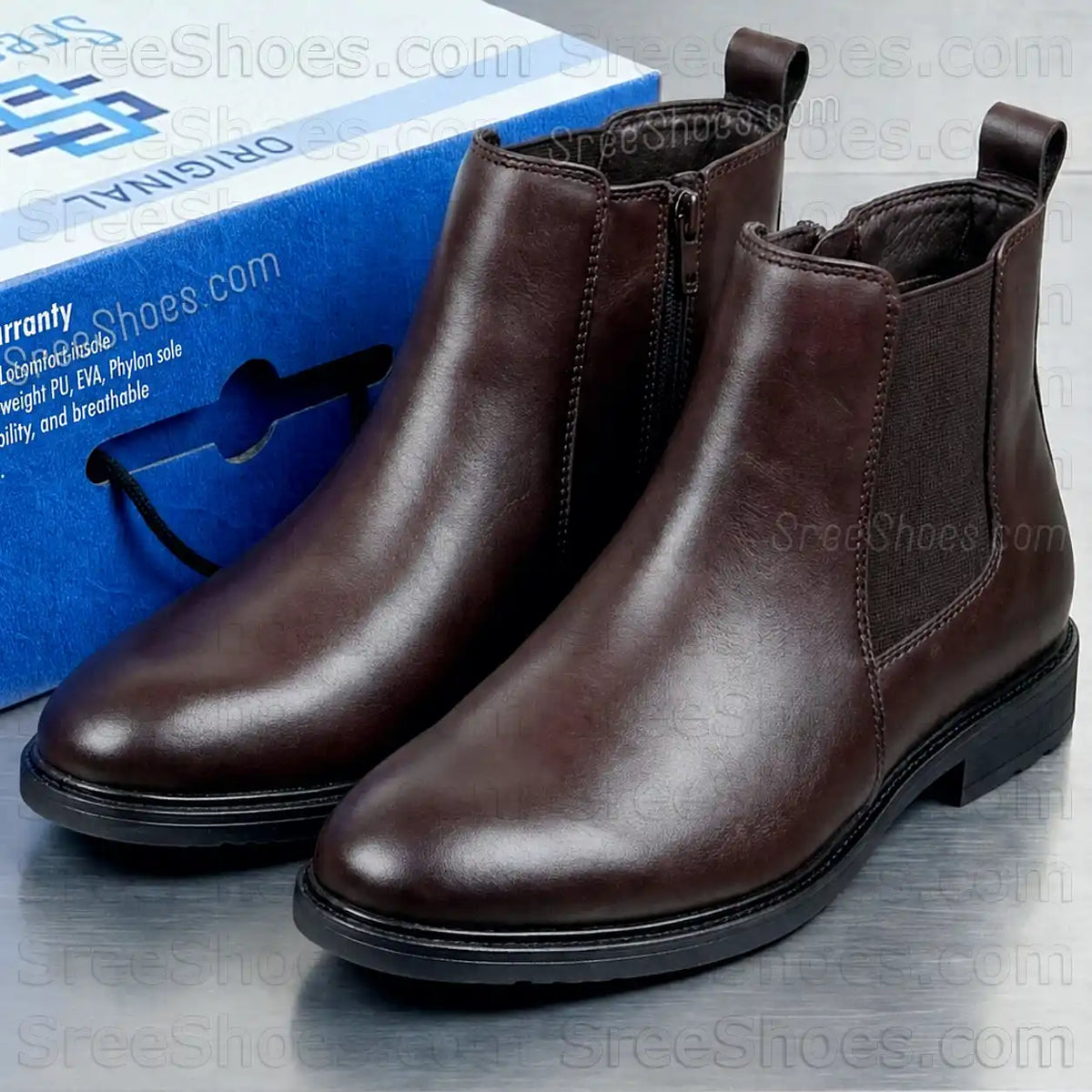 Men Pure Full-Grain Leather Chelsea Boots with Zip & Elastic