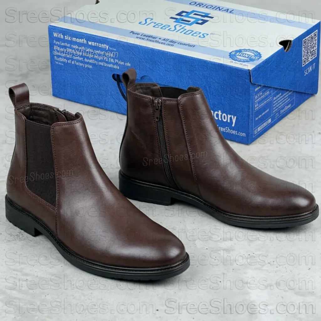 Men Pure Full-Grain Leather Chelsea Boots with Zip & Elastic