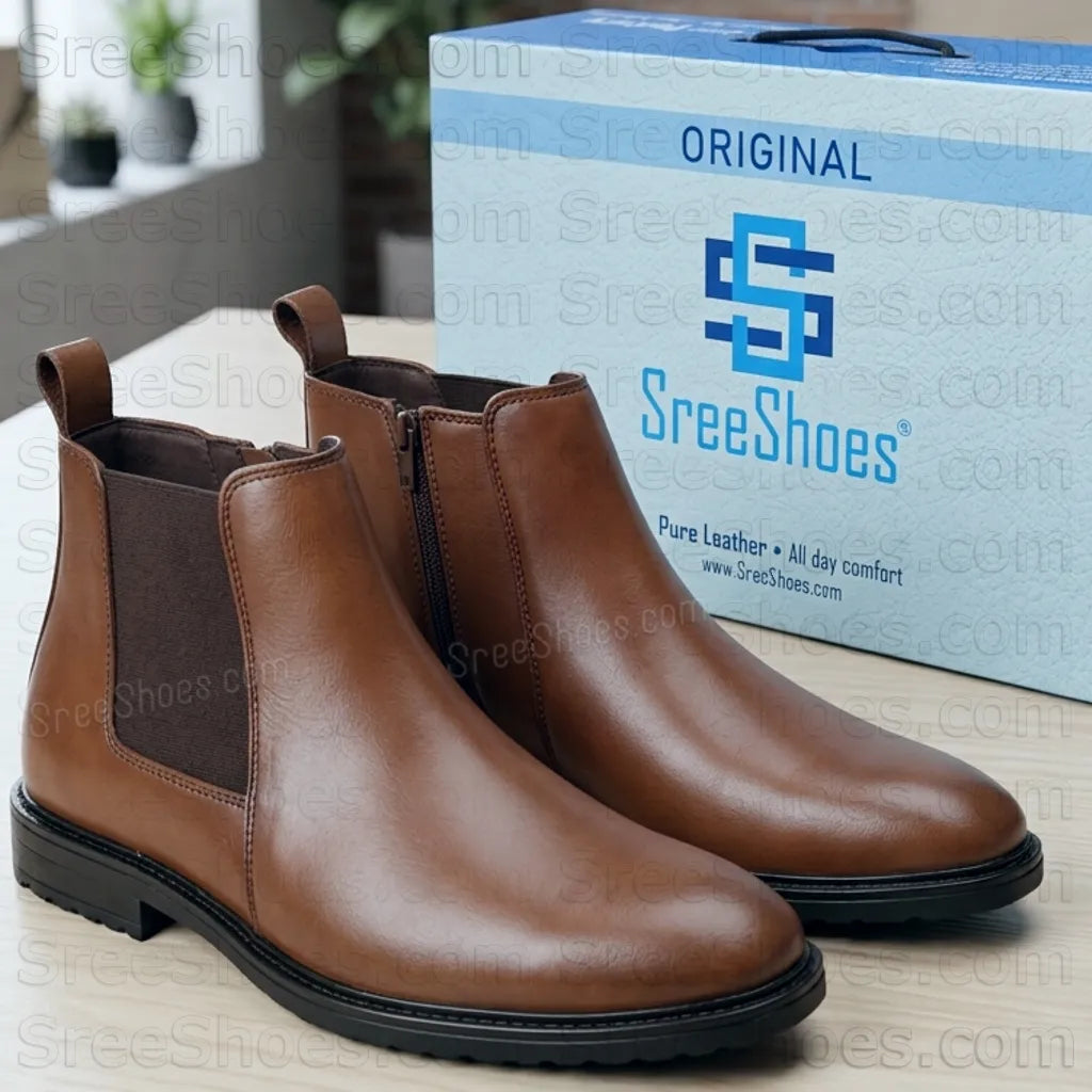 Men Pure Full-Grain Leather Zip Chelsea Boots with Elastic