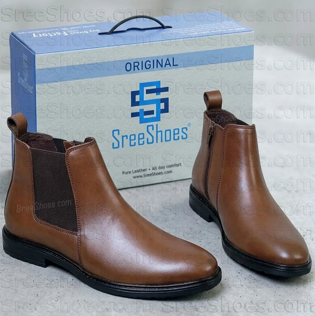 Men Pure Full-Grain Leather Chelsea Boots with Zip & Elastic